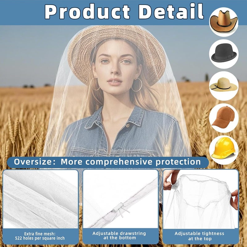 JayruiMice 2 Pack Ultra Large Mosquito Net 42x25 Inches Mosquito Head Net Oversized Insect Netting Bug Fits Most Hats for Gardening Hiking Fishing Traveling(White) - Image 3